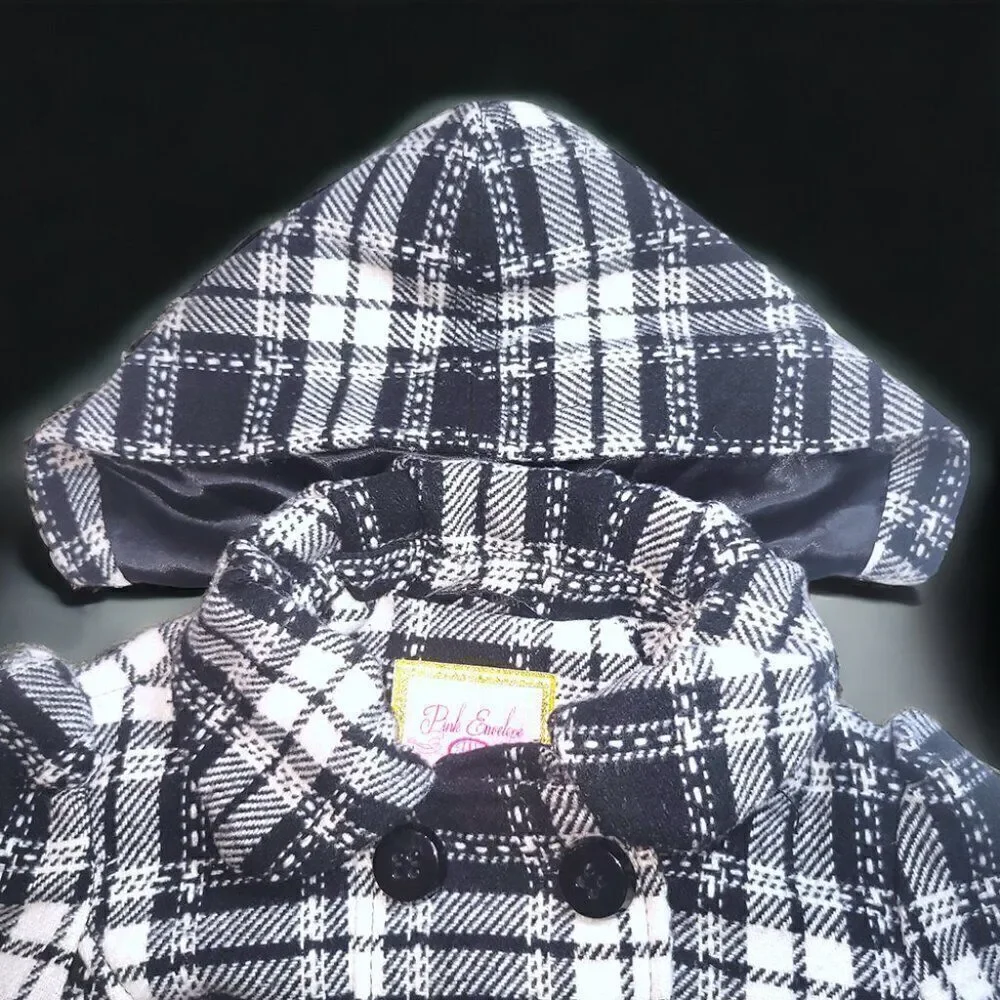 Double-breasted black white plaid jacket with removeable hood - Picture 8 of 8